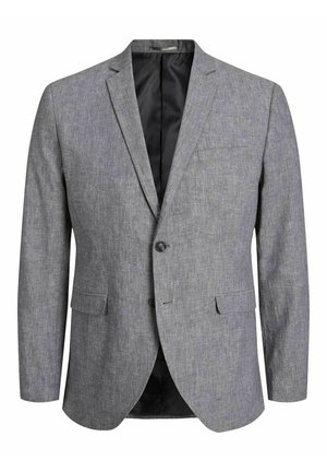 Grau blazer aus einem strukturierten Stoff mit Schalkragen, Einzelknopfverschluss und zwei Seitentaschen. Schwarze Innenauskleidung.
