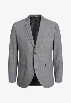 Gray blazer made of a textured fabric with a notched lapel, single button closure, and two side pockets. Black lining inside.