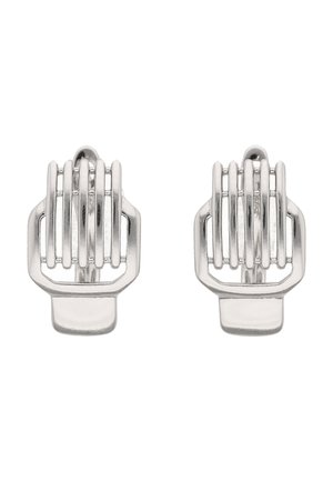 Pár náušnic s klipsou ze stříbrného kovu s vertikálním prutem a geometrickým čtvercovým podstavcem.