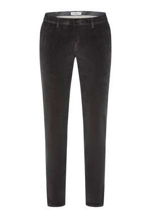 Pantaloni in corduroy neri con una vestibilità slim. Presentano tasche anteriori e una chiusura con zip. Morbido al tatto con un motivo a coste visibile. Retro semplice.