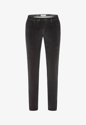 Black corduroy trousers with a slim fit. Features front pockets and a zip fly. Soft texture with visible ribbed pattern. Plain back.