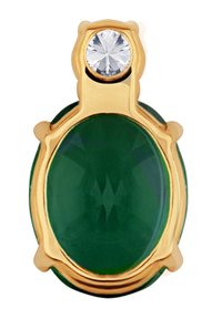 Zielony owalny wisior z kamieniem szlachetnym, z przezroczystym, okrągłym akcentem kryształowym, osadzony w metalicznej oprawie w złotym odcieniu. Gładka powierzchnia z wypolerowanymi krawędziami oraz unikalne osadzenie.