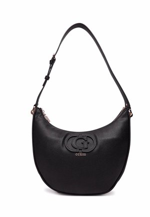 Borsa a spalla in pelle nera con forma curva, dotata di logo impresso, chiusura con zip e tracolla regolabile. Texture liscia, hardware minimale.