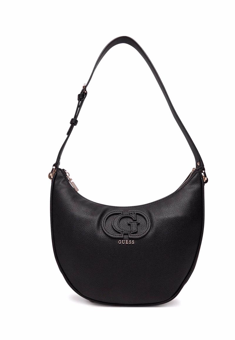 Borsa a spalla in pelle nera con forma curva, dotata di logo impresso, chiusura con zip e tracolla regolabile. Texture liscia, hardware minimale.