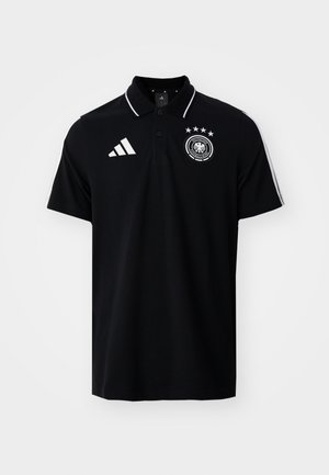 Svart kortermet polo skjorte med hvit Adidas-logo, fire-stjerners tysk fotballforbunds emblem, og hvite striper på skuldrene.