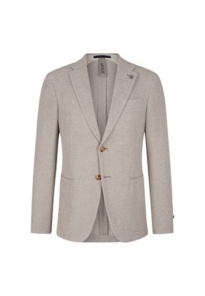 Beige herringbone blazer with two golden buttons, notched lapels, and a chest pocket. Tailored fit with a textured fabric.