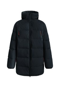Chaqueta de plumas negra con cuello alto, cierre de cremallera y dos bolsillos con cremallera. Presenta un acabado acolchado y tiradores rojos en los bolsillos.