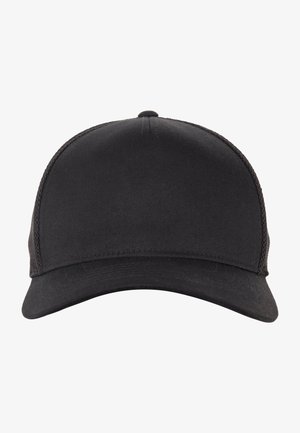 Musta baseball-hattu, jossa on sileä kangasviimeistely, kaareva lippa ja ommellut yksityiskohdat. Sisältää pyöreän kruunun ilman näkyvää logoa tai kuviota.