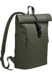 Roll-top backpack in olive green, made of waterproof material, featuring a front zip pocket, adjustable straps, and a black buckle closure.