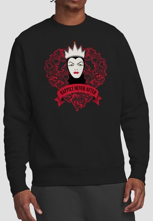 Black sweatshirt with a white-crowned villainous face surrounded by red ornate skull patterns and a red banner reading "Happily Never After."