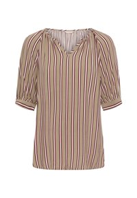 Blouse beige à rayures verticales rouges, blanches et noires, col en V, manches mi-longues avec poignets froncés.