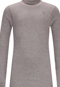 Maglione a coste grigio chiaro, con maniche lunghe e scollatura tonda, caratterizzato da un sottile logo ricamato sul petto.