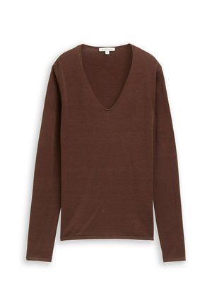 Bruine langemouwen top met een diepe V-hals, gemaakt van zacht materiaal met een gladde textuur en een eenvoudig ontwerp.