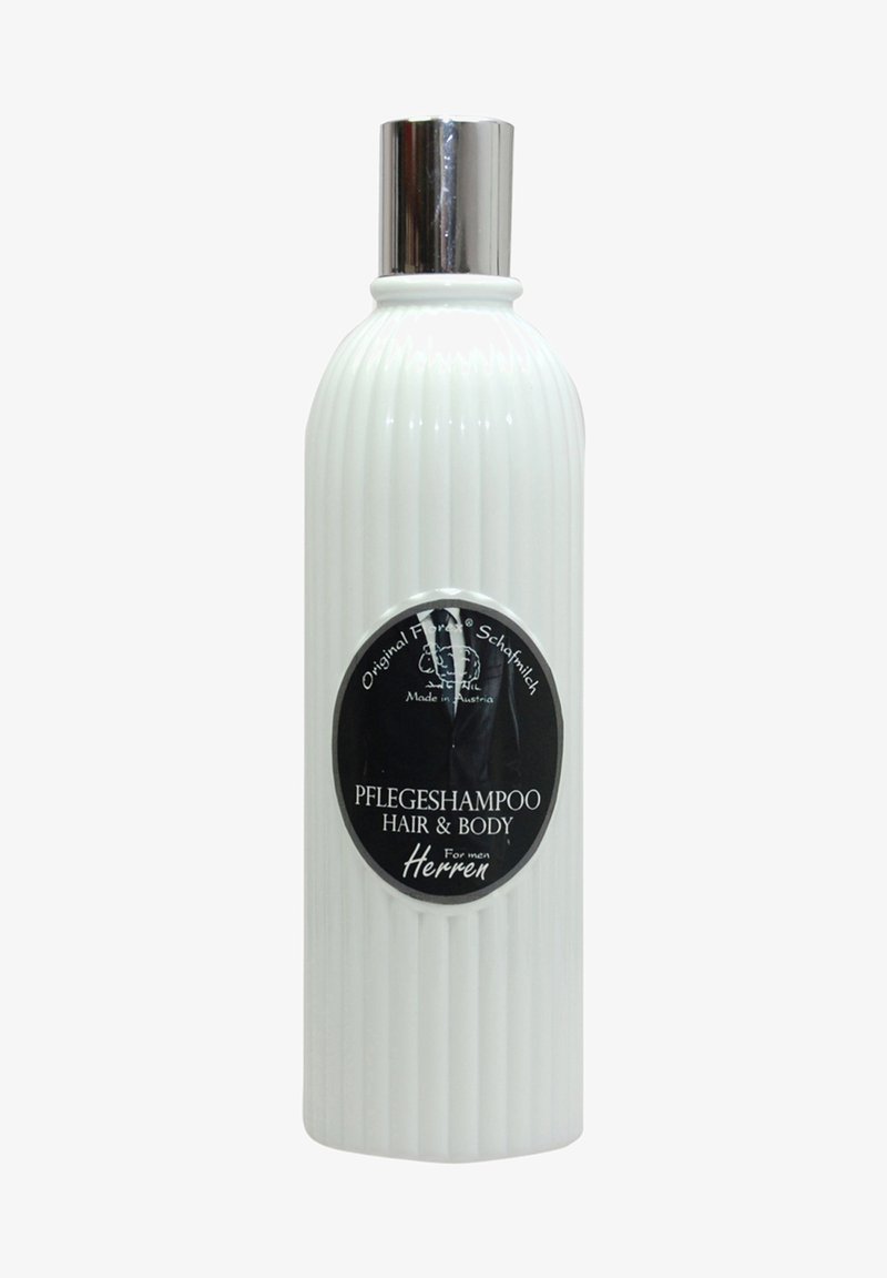 White ribbed plastic bottle with a silver cap; features a black label with text "Pflegeshampoo Hair & Body" and "For men Herren."