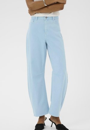 Osoba ubrana w jasno-niebieskie, szerokie dżinsy z wysokim stanem, biały top, srebrną bransoletkę i czarne mulesy na obcasie, stojąca z założonymi ramionami.