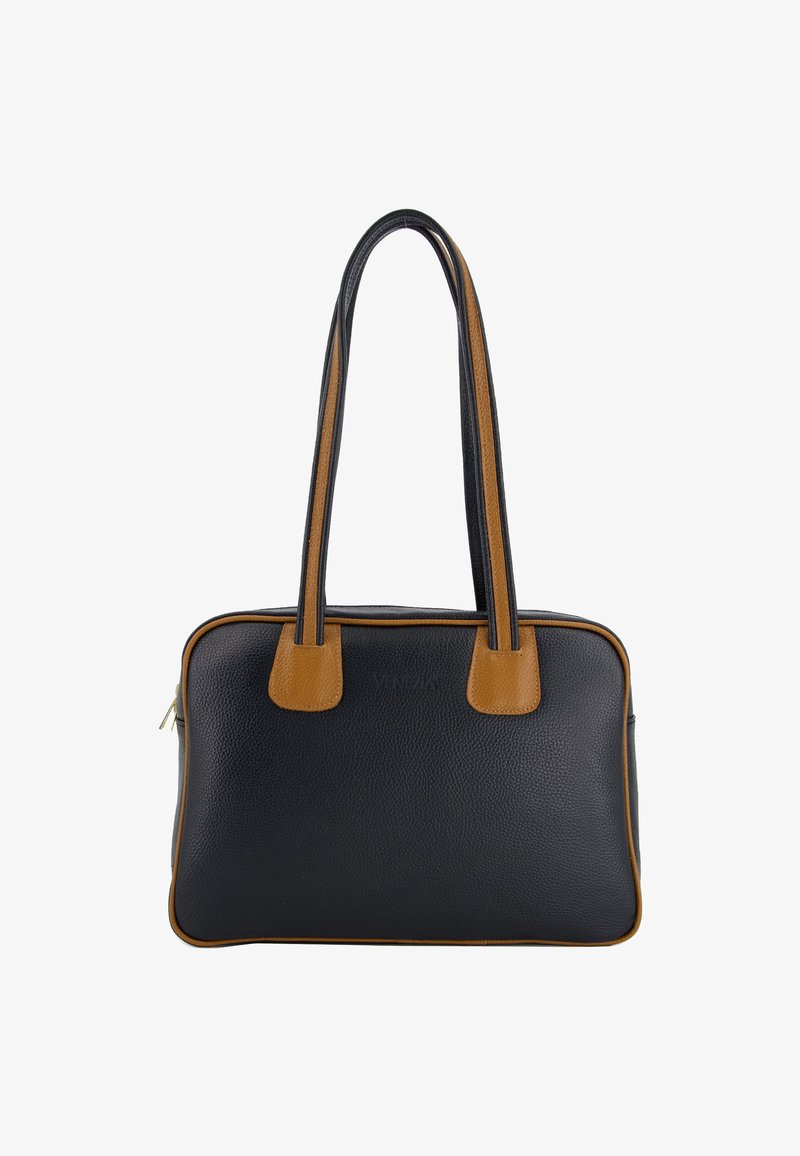 Black leather handbag with tan accents and two handles. Features a textured surface and a zipper closure. Minimalist design.