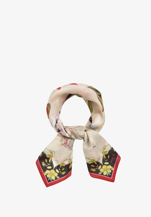 Silk scarf featuring a floral design with butterflies. Light cream background, bold red border, and detailed illustrations in vibrant colors.