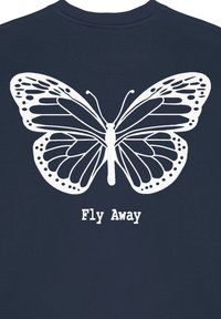 Felpa blu navy con una grande grafica di una farfalla bianca al centro sul retro, con il testo "Vola Via" sotto di essa.