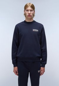Marineblauwe sweatshirt van een katoenmix, met een klein logopatch op de borst en geribde boorden en zoom.