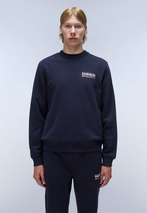 Marineblauwe sweatshirt van een katoenmix, met een klein logopatch op de borst en geribde boorden en zoom.