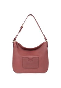 Borsa a spalla strutturata in morbida pelle di colore malva testurizzata, dotata di una tasca frontale con chiusura a pattina e tracolla regolabile.