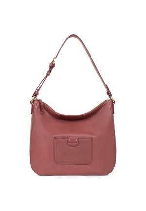 Borsa a spalla strutturata in morbida pelle di colore malva testurizzata, dotata di una tasca frontale con chiusura a pattina e tracolla regolabile.