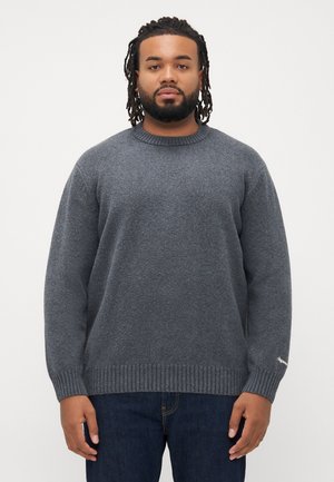 Mann mit Bart und geflochtenem Haar trägt einen grauen Strickpullover und dunkelblaue Jeans und steht vor einem schlichten weißen Hintergrund.
