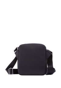 Borsa a tracolla nera realizzata in tessuto texturizzato, caratterizzata da una forma quadrata, tracolla regolabile e chiusura a zip. Nessun logo o motivo visibile.