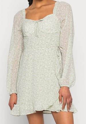 Žena v světle zelených květovaných šatech s průsvitnými nafouklými dlouhými rukávy a volánkovým lemem, stojící před jednobarevným pozadím.