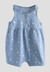 Blue sleeveless romper with small yellow heart and dot patterns, made of soft fabric, featuring a buttoned front and gathered waist.