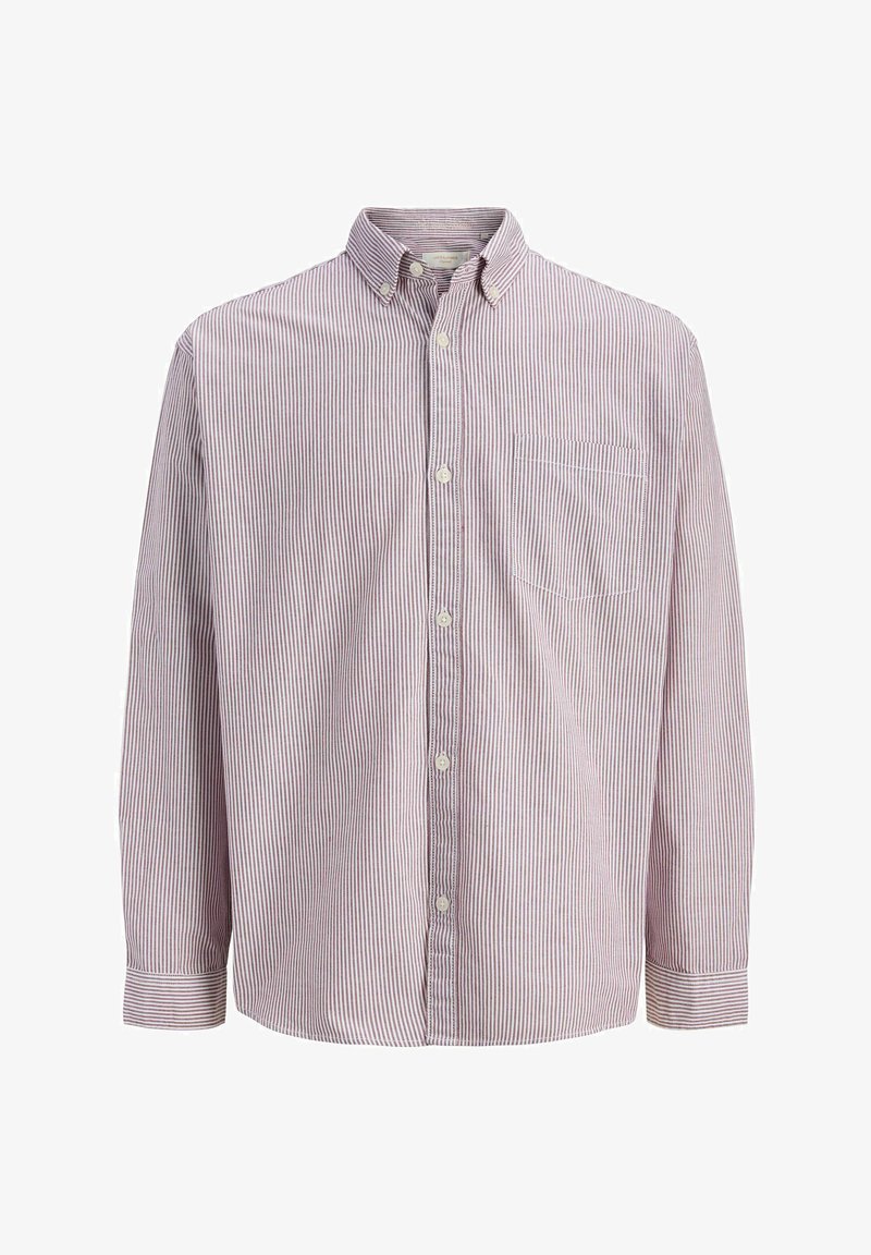 Chemise à manches longues pour hommes avec des rayures verticales rouges et blanches, une poche avant sur le côté gauche et un col boutonné.