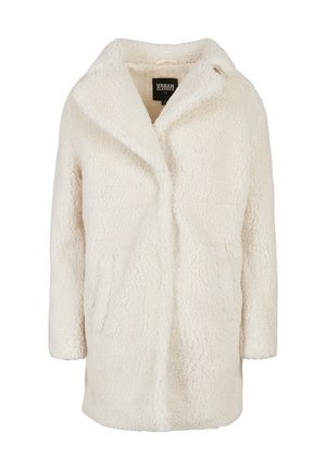 Kermanvalkoinen, pitkähihaiseen pehmeän tuntuiseen tekoturkistakki, jossa leveä kaulus ja piilotettu etukiinnitys, koko XS, merkiltä Urban Classics.