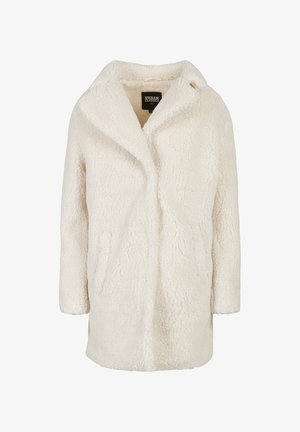 Kremfarget, langermet kåpe i myk teksturert imitert pels med bred krage og skjult frontlukking, størrelse XS fra Urban Classics.