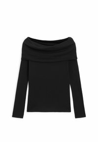 Top nero scollato off-the-shoulder con maniche lunghe. Realizzato in tessuto morbido, presenta una scollatura drappeggiata e un design aderente. Texture liscia.