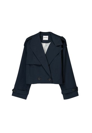 Navy cropped jacket with a double-breasted front, large lapels, and button accents. Features a smooth texture and long sleeves with cuffs.