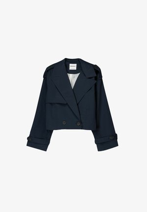 Marinefarbene, kurz geschnittene Jacke mit doppelter Knopfleiste, großen Revers und Knopf-Akzenten. Sie hat eine glatte Textur und lange Ärmel mit Manschetten.