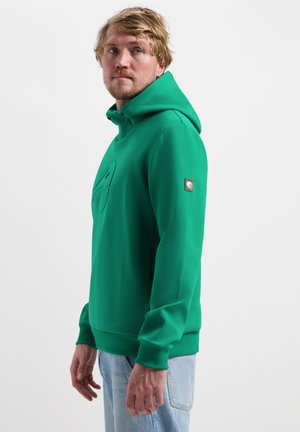 Groene hoodie met een gladde textuur, voorzien van een vooropdruk en een stoffen badge op de mouw. Het model draagt een lichtblauwe spijkerbroek.