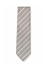 Cravatta grigio chiaro con strisce bianche diagonali e sottili linee orizzontali su uno sfondo bianco uniforme.