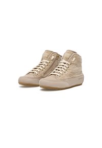 Scarpe alte beige con tomaia in tessuto testurizzato, dettagli con zip e lacci color crema. La morbida pelle scamosciata e la suola in gomma offrono durata.