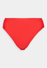 Rode bikinibroek van glad, rekbaar materiaal. Hooggesneden ontwerp zonder patronen. Schone randen en een effen kleurafwerking.