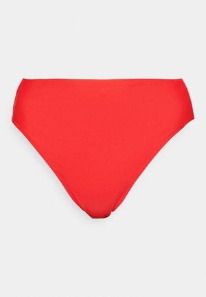 Rote Bikini-Unterteile aus glattem, dehnbarem Stoff. Hoch geschnittenes Design ohne Muster. Saubere Kanten und ein einfarbiger Abschluss.