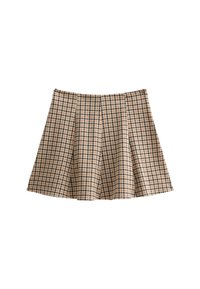Une jupe plissée en tissu houndstooth beige et noir, fabriquée en tissu texturé avec une silhouette évasée et sans fermetures visibles.