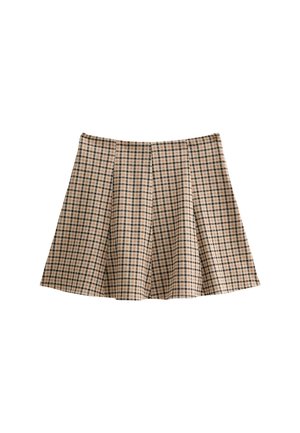 Een geplooide rok in een beige en zwarte houndstoothpatroon, gemaakt van een gestructureerde stof met een uitlopende silhoët en zonder zichtbare sluitingen.