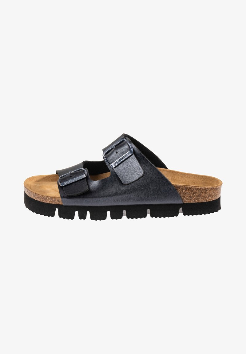Schwarze Leder-Sandale mit zwei verstellbaren Riemen, Korkfußbett, strukturiertem Gummisohle und umrandetem Ziernähte.