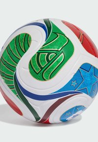 Colorful soccer ball with white base, featuring green, red, blue, and gold accents. Textured surface with intricate patterns, and smooth finish.
