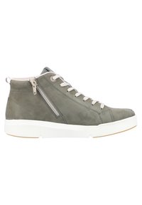 Men's high-top shoes in gray suede with cream-colored laces, side zipper, white rubber sole, and smooth texture.