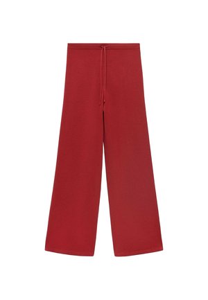Red wide-leg pants made of soft fabric, featuring an elastic waistband with a drawstring and a smooth texture.