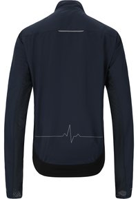 Marinen træningsjakke med mesh-sidelapper, en refleksstribe på ryggen og et hjerterytmelinje grafisk motiv ved taljen.