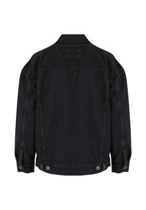 Svart denimjakke vist bakfra med knapper på mansjettene og justerbare sideklaffer nederst.