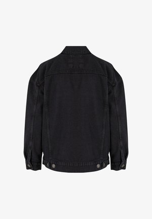 Svart denimjakke vist bakfra med knapper på mansjettene og justerbare sideklaffer nederst.